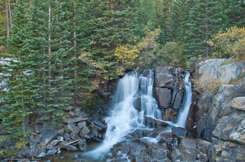 Waterfall in Forest — Green, Serene, Autumn, Photograph, Trees, Rocks, Stream, Gray