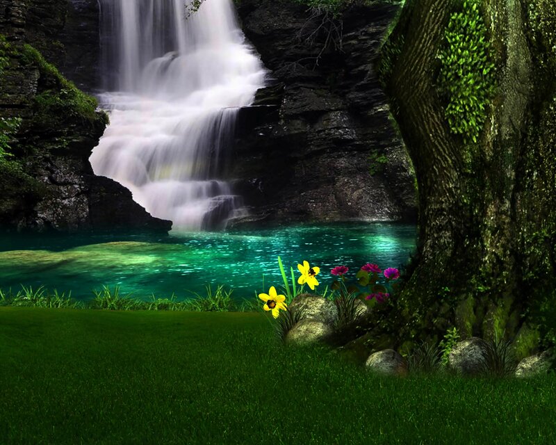 Waterfall in Forest — Green, Serene, Digital Art, Flowers