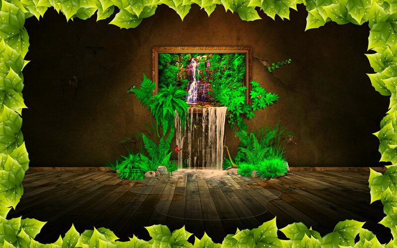 Waterfall in Forest — Green, Serene, Digital Art, Painting