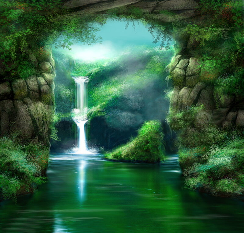 Waterfall in Forest — Green, Serene, Digital Art, River