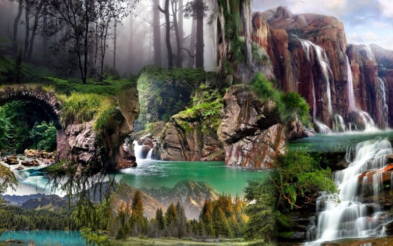 Waterfall in Forest — Green, Serene, Digital Art, River, Trees
