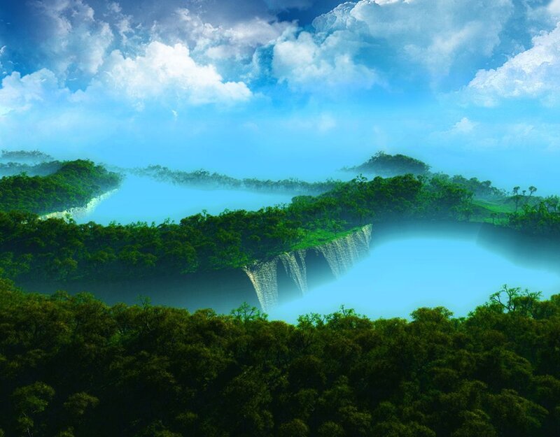 Waterfall in Forest — Green, Serene, Digital Art