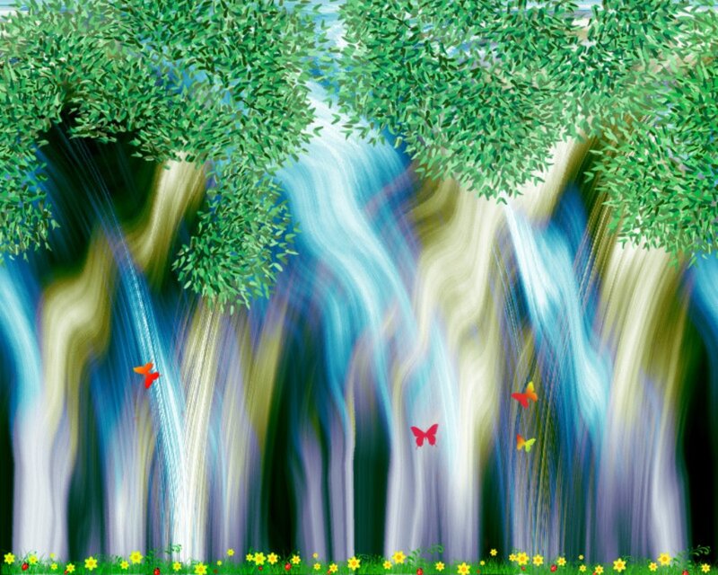 Waterfall in Forest — Green, Serene, Digital Art, Trees, Butterflies