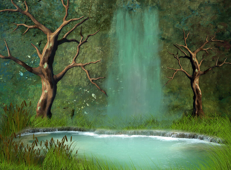 Waterfall in Forest — Green, Serene, Digital Art, Trees, Pool