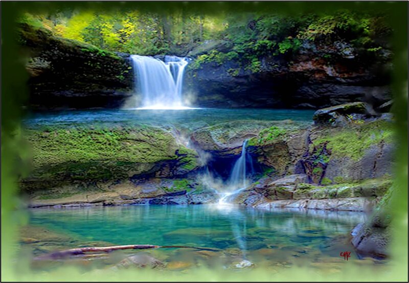 Waterfall in Forest — Green, Serene, Digital Art, Trees, Rocks