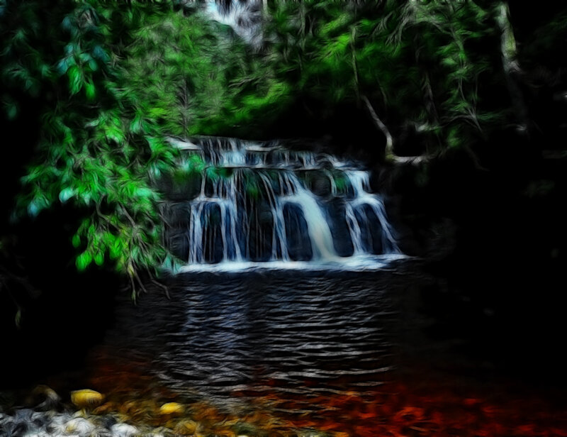 Waterfall in Forest — Green, Serene, Digital Art, Trees, Stream