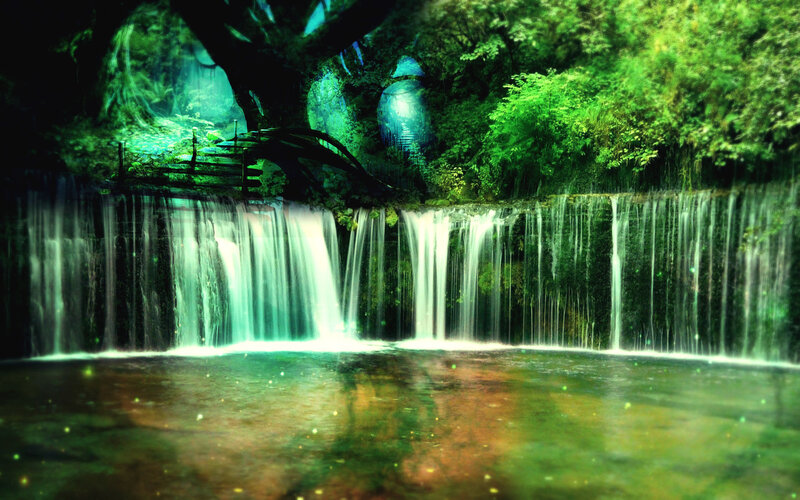 Waterfall in Forest — Green, Serene, Digital Art, Trees