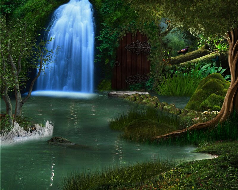 Waterfall in Forest — Green, Serene, Digital Art, Wooden Door