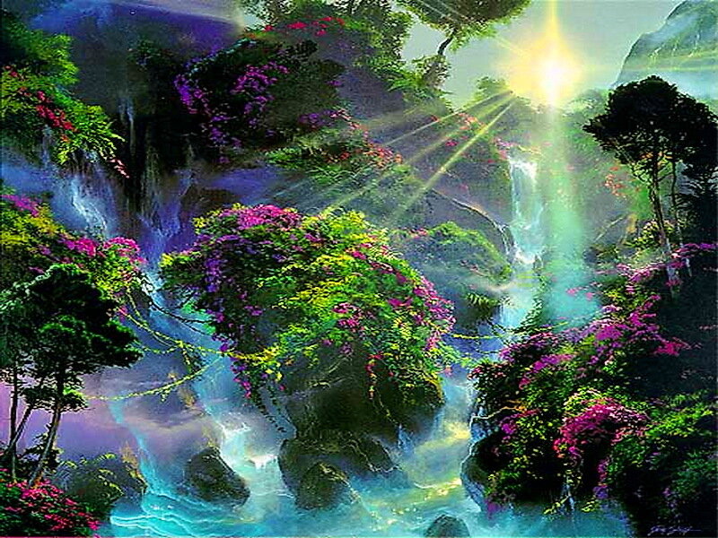 Waterfall in Forest — Green, Serene, Morning, Digital Art
