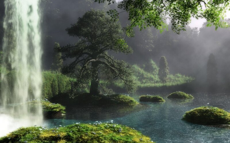 Waterfall in Forest — Green, Serene, Morning, Digital Art, Tree, River, Moss, Mist, Blue, White