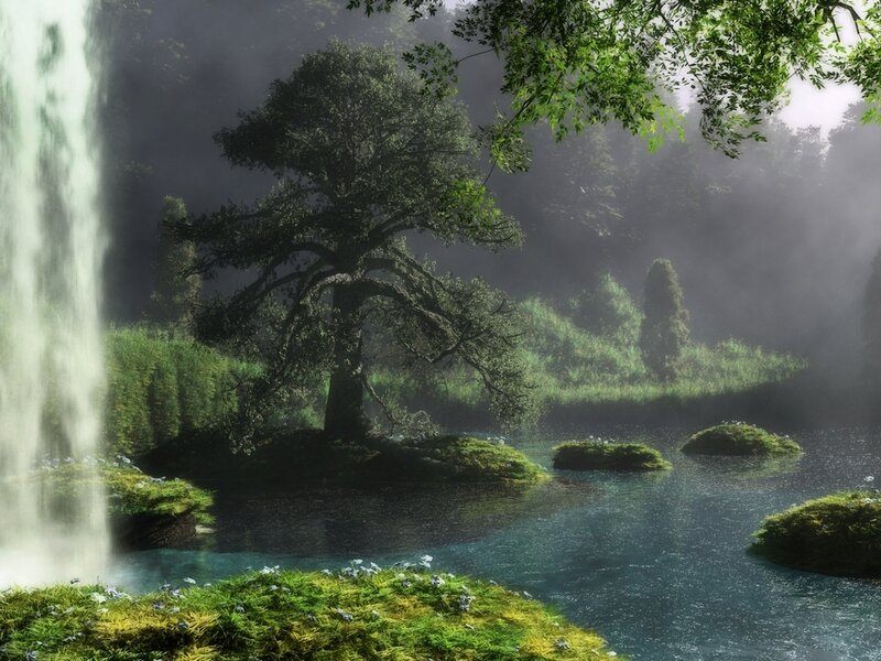 Waterfall in Forest — Green, Serene, Morning, Digital Art, Tree, River