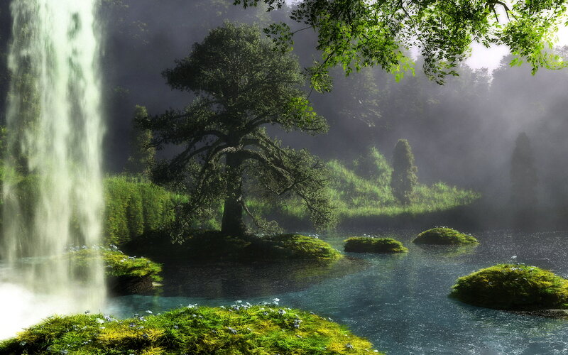 Waterfall in Forest — Green, Serene, Morning, Digital Art, Tree