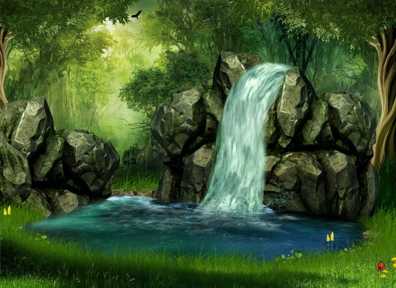 Waterfall in Forest — Green, Serene, Morning, Digital Art, Trees