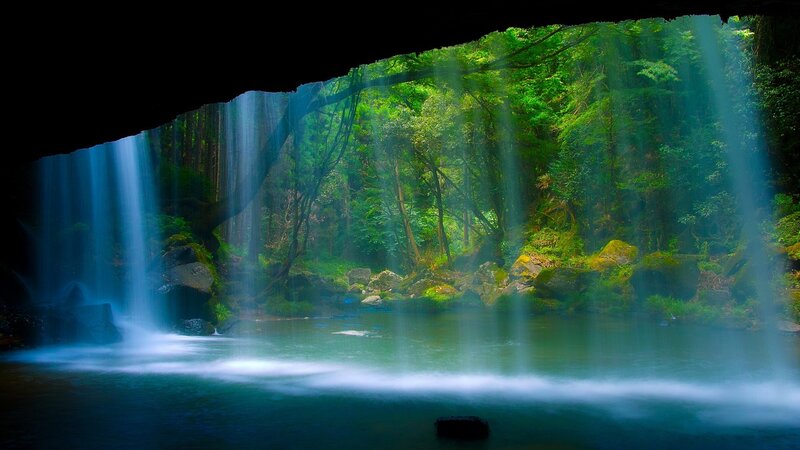 Waterfall in Forest — Green, Serene, Morning, Photograph, Cave, River, Blue, Black