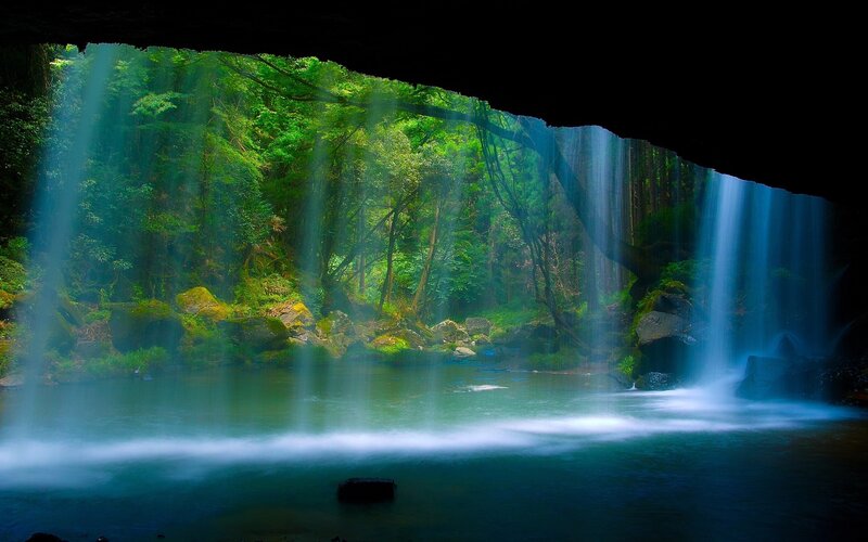 Waterfall in Forest — Green, Serene, Morning, Photograph, River, Sunlight, Blue, Black