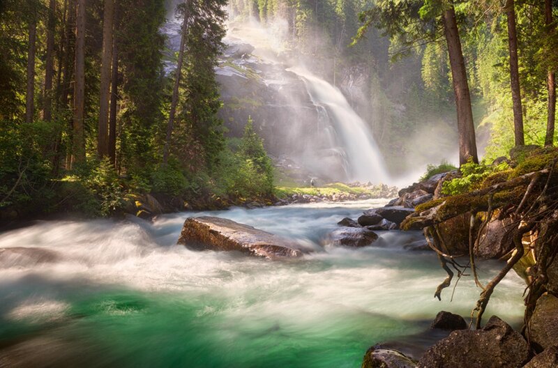 Waterfall in Forest — Green, Serene, Morning, Photograph, River, Trees, Rocks