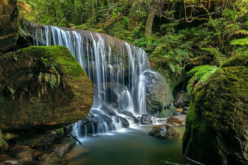 Waterfall in Forest — Green, Serene, Morning, Photograph, Rocks, Moss, Trees, Brown