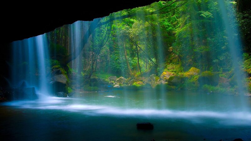 Waterfall in Forest — Green, Serene, Morning, Photograph, Rocks, Pool, Blue, Black