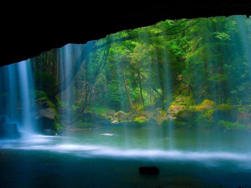 Waterfall in Forest — Green, Serene, Morning, Photograph, Rocks, Pool