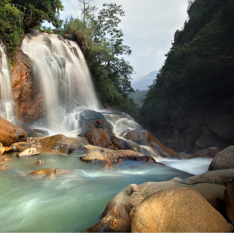 Waterfall in Forest — Green, Serene, Morning, Photograph, Rocks, Trees, River