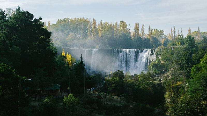 Waterfall in Forest — Green, Serene, Morning, Photograph, Trees, Mist, Cliff, Light Pole