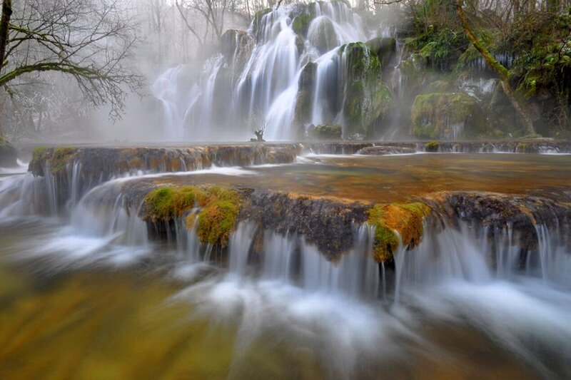 Waterfall in Forest — Green, Serene, Morning, Photograph, Trees, Moss, Rocks