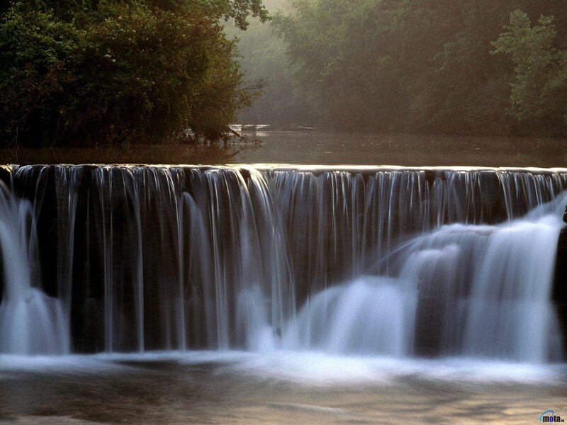 Waterfall in Forest — Green, Serene, Morning, Photograph, Trees, River, Mist, Brown