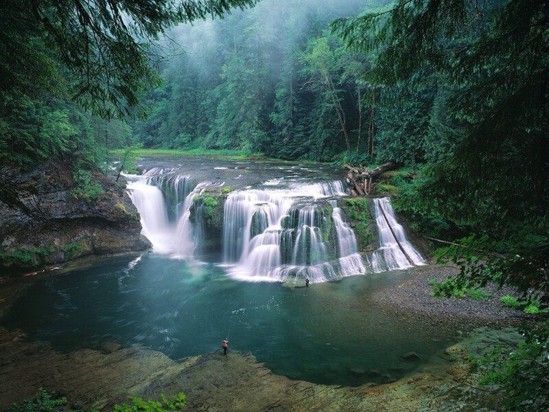 Waterfall in Forest — Green, Serene, Morning, Photograph, Trees, River, People