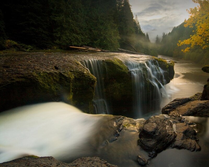 Waterfall in Forest — Green, Serene, Morning, Photograph, Trees, River, Rocks, Mist