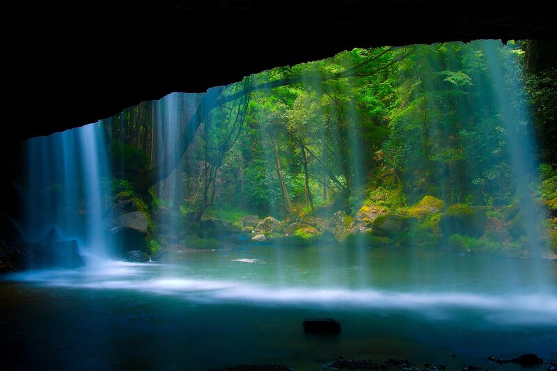 Waterfall in Forest — Green, Serene, Morning, Photograph, Trees, Rocks, Blue