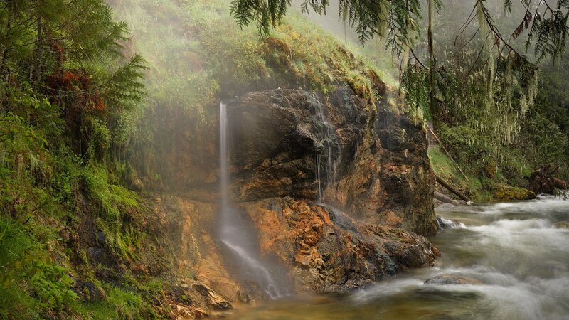 Waterfall in Forest — Green, Serene, Morning, Photograph, Trees, Rocks, Mist, Brown, White