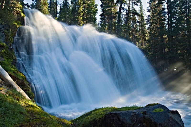Waterfall in Forest — Green, Serene, Morning, Photograph, Trees, Rocks, Moss, Blue, Gray