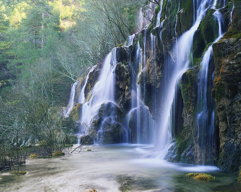 Waterfall in Forest — Green, Serene, Morning, Photograph, Trees, Rocks, Stream, Blue, Gray