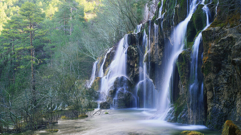 Waterfall in Forest — Green, Serene, Morning, Photograph, Trees, Rocks, Stream, Blue