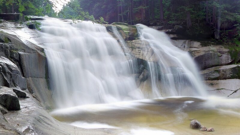 Waterfall in Forest — Green, Serene, Morning, Photograph, Trees, Rocks, Stream, Gray