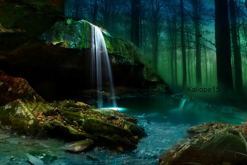Waterfall in Forest — Green, Serene, Night, Digital Art