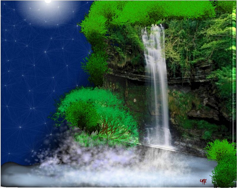 Waterfall in Forest — Green, Serene, Night, Digital Art, Trees