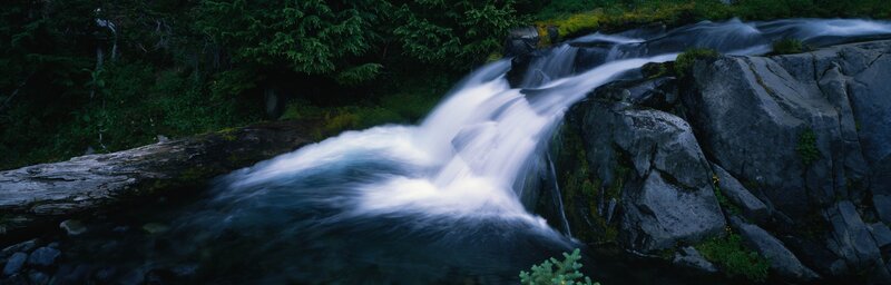 Waterfall in Forest — Green, Serene, Night, Photograph, Rocks