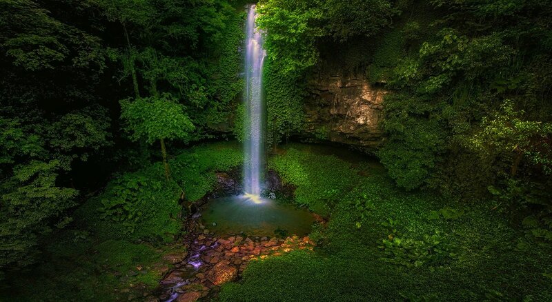 Waterfall in Forest — Green, Serene, Night, Photograph, Trees, Pool