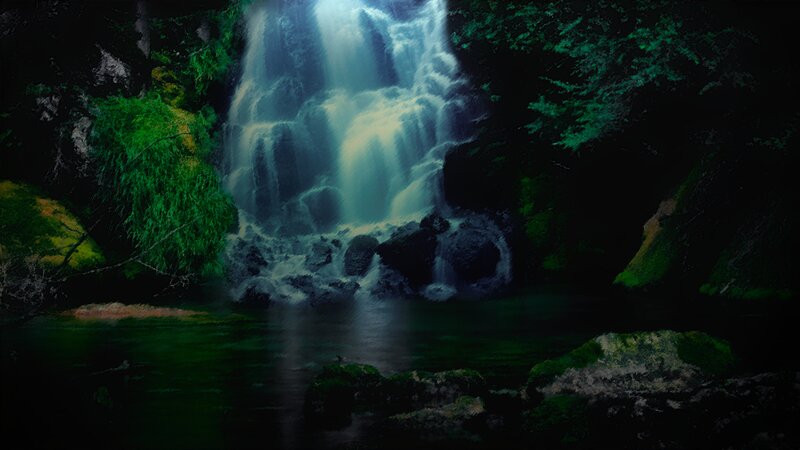 Waterfall in Forest — Green, Serene, Night, Photograph, Trees, Rocks, Pool