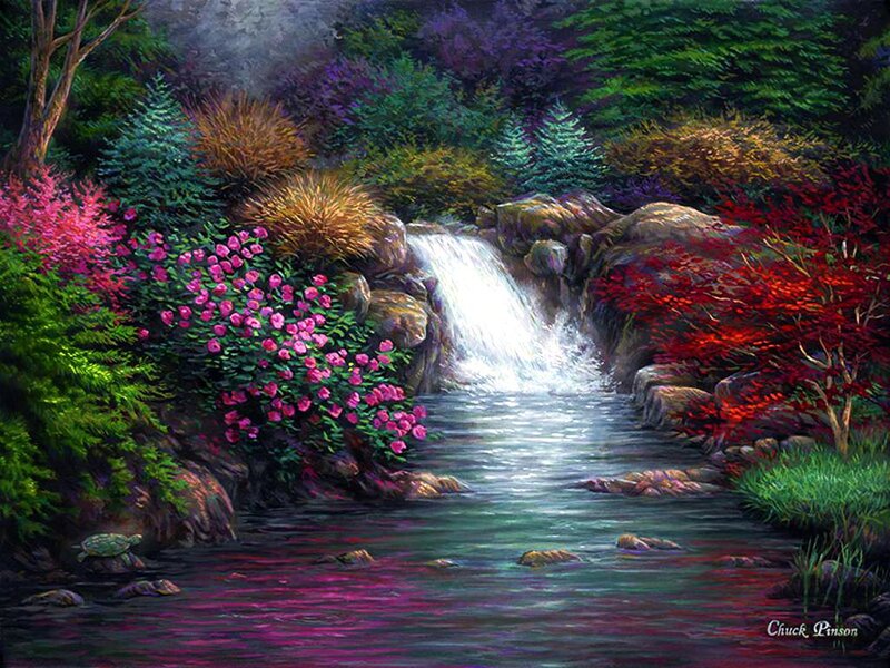 Waterfall in Forest — Green, Serene, Painting, Flowers
