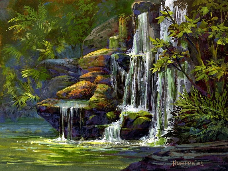 Waterfall in Forest — Green, Serene, Painting, Rocks