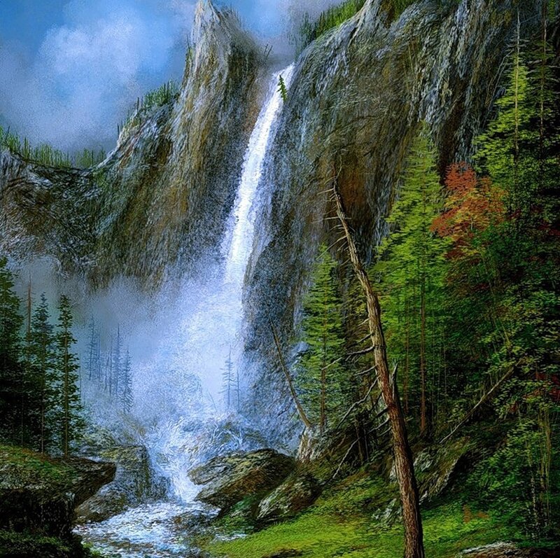 Waterfall in Forest — Green, Serene, Painting, Trees, Rocks