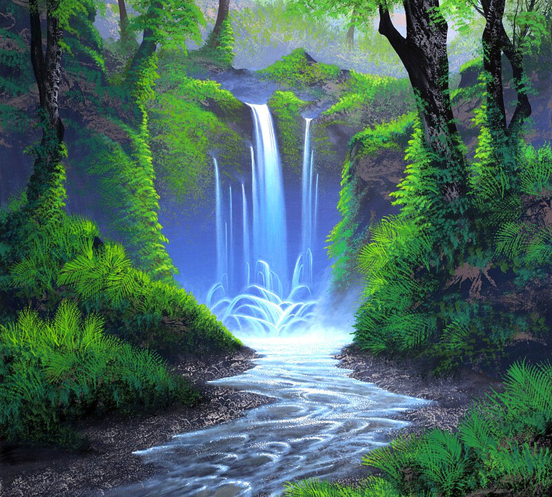 Waterfall in Forest — Green, Serene, Painting, Trees