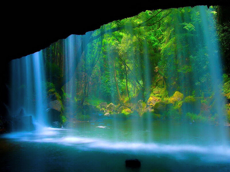 Waterfall in Forest — Green, Serene, Photograph, Cave