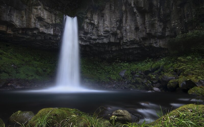 Waterfall in Forest — Green, Serene, Photograph, Cliff, Pool, Moss