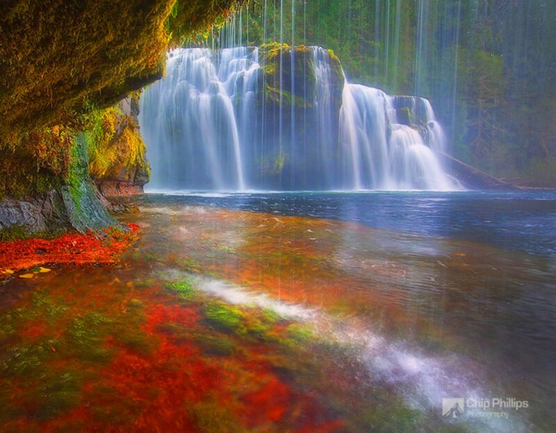 Waterfall in Forest — Green, Serene, Photograph, Moss, River
