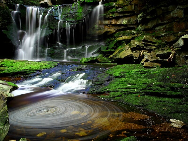 Waterfall in Forest — Green, Serene, Photograph, Moss, Rocks, Stream