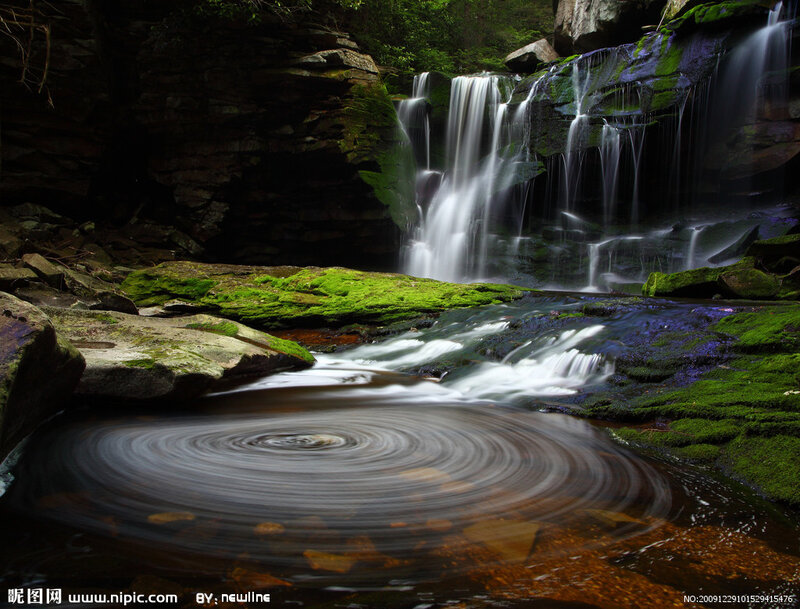 Waterfall in Forest — Green, Serene, Photograph, Moss, Rocks