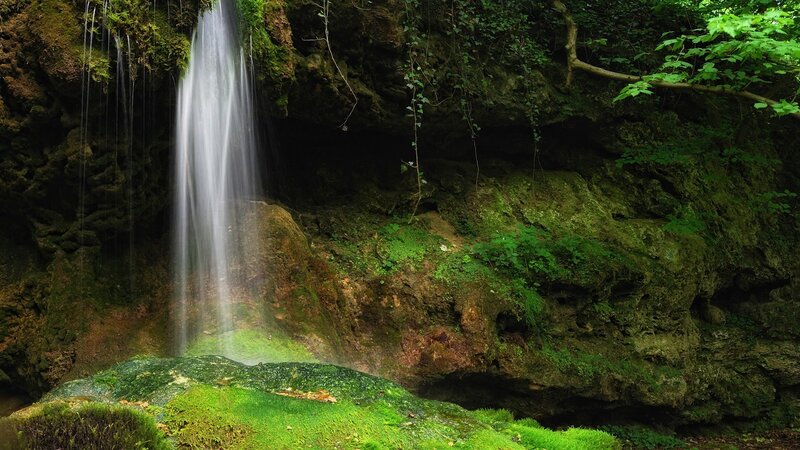 Waterfall in Forest — Green, Serene, Photograph, Moss, Rocks, Trees